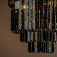 6-Lights Modern Matte Black 3-Tier Round Fringe Flush Mount Lighting with Smoke Crystal