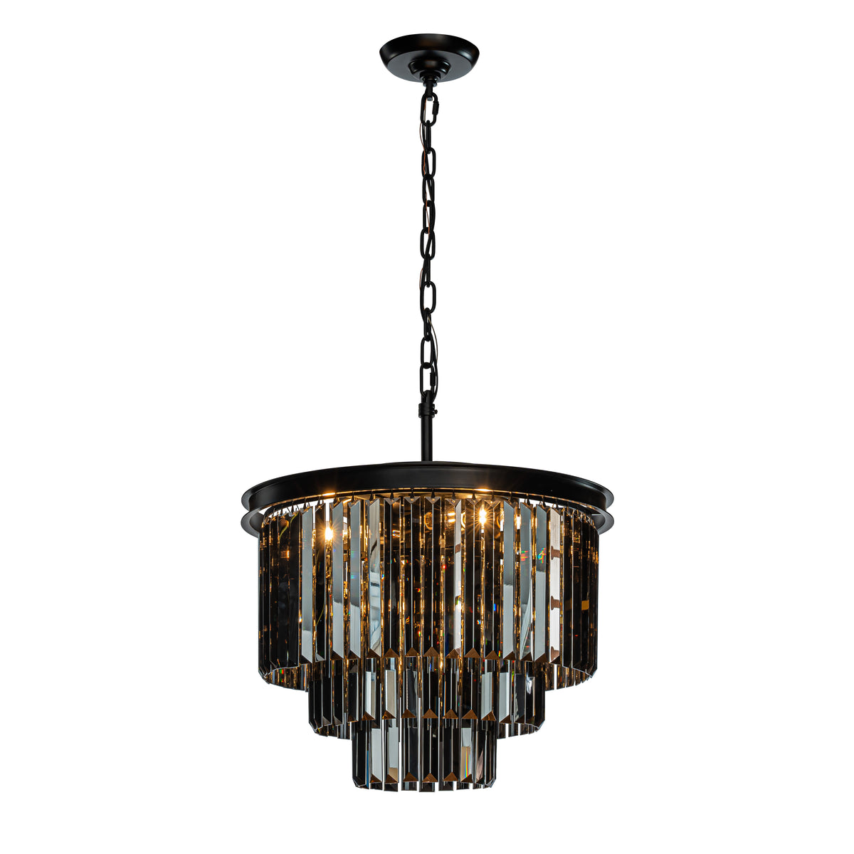 Matte Black 3-Tier Round Fringe Chandelier with Smoke Crystal