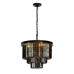 6-Lights Modern Matte Black 3-Tier Round Fringe Chandelier with Smoke Crystal