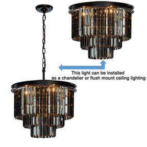 Matte Black 3-Tier Round Fringe Chandelier with Smoke Crystal