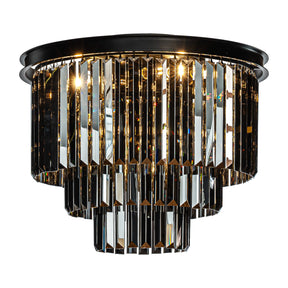 Modern Matte Black 3-Tier Round Fringe Flush Mount with Smoke Crystal