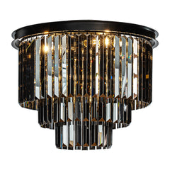 6-Lights Modern Matte Black 3-Tier Round Fringe Flush Mount Lighting with Smoke Crystal