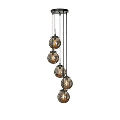 5-Light Modern Matte Black Staircase Chandelier with Smoke Globe Bubble Glass Corner Pendant