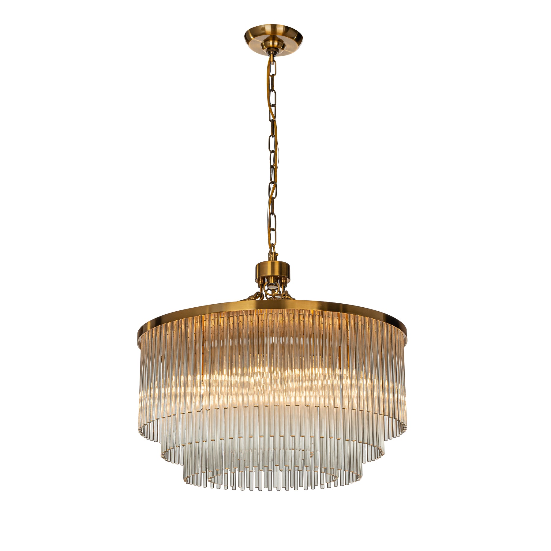 Mid-century Modern 8-Lights 3-Tier Glam Antique Brass Round Glass Fringe Chandelier With Clear Glass Rods