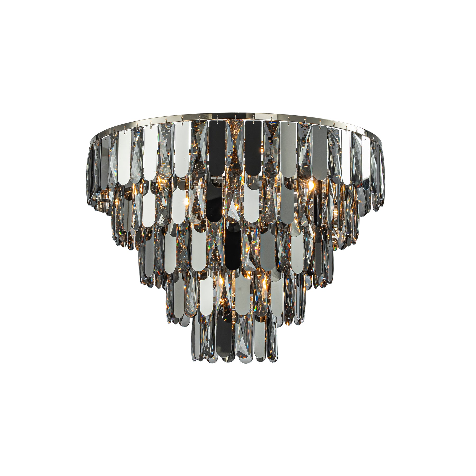 6-Light Dimmable 5-Tier Smoked Crystal Flush Mount Ceiling Light 22" Low Profile Fixture with Polished Nickel Finish and Stainless Steel Accents for Bedroom, Dining Room