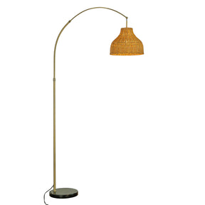 75" Antique Brass Gold Arc Floor Lamp with Rattan Shade and Marble Base