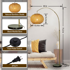 75" Bronze Arc Floor Lamp with Hand-woven Bamboo Shade and Marble Base