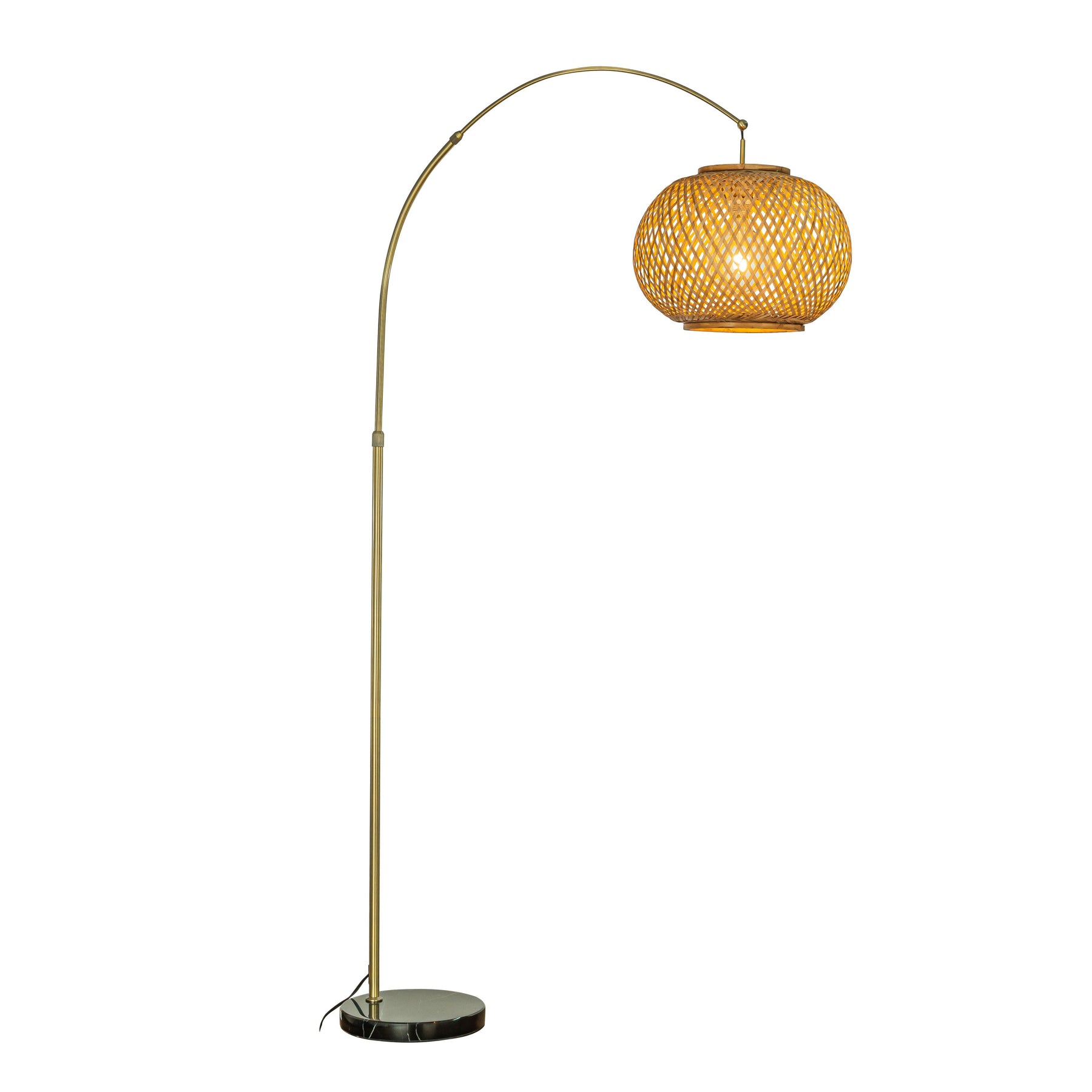 75" Bronze Arc Floor Lamp with Hand-woven Bamboo Shade and Marble Base