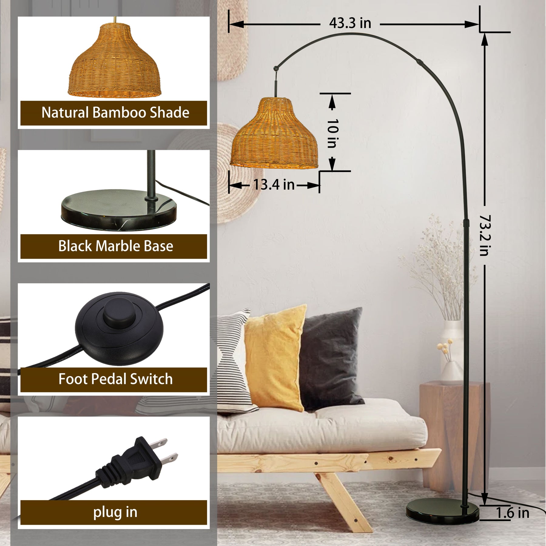 75" Matte Black Arc Floor Lamp with Rattan Shade & Marble Base
