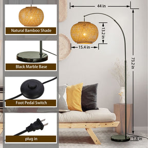 75" Black Arc Floor Lamp with Bamboo Shade and Marble Base