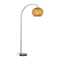 75" 1-Light Black Arc Floor Lamp with Hand-woven Bamboo Shade and Marble Base