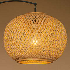 75" 1-Light Black Arc Floor Lamp with Hand-woven Bamboo Shade and Marble Base