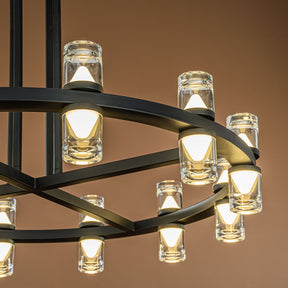 Mid-Century Modern 12-Light 32'' Rustic Industrial Round LED Chandelier In Matte Black Finish With Clear Acrylic Shades