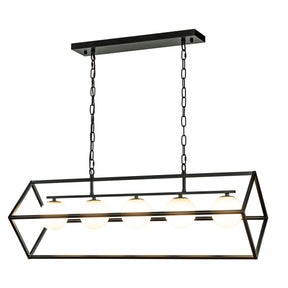 Industrial Linear Geometric Chandelier in Black Metal Frame with Globe Glass Shade