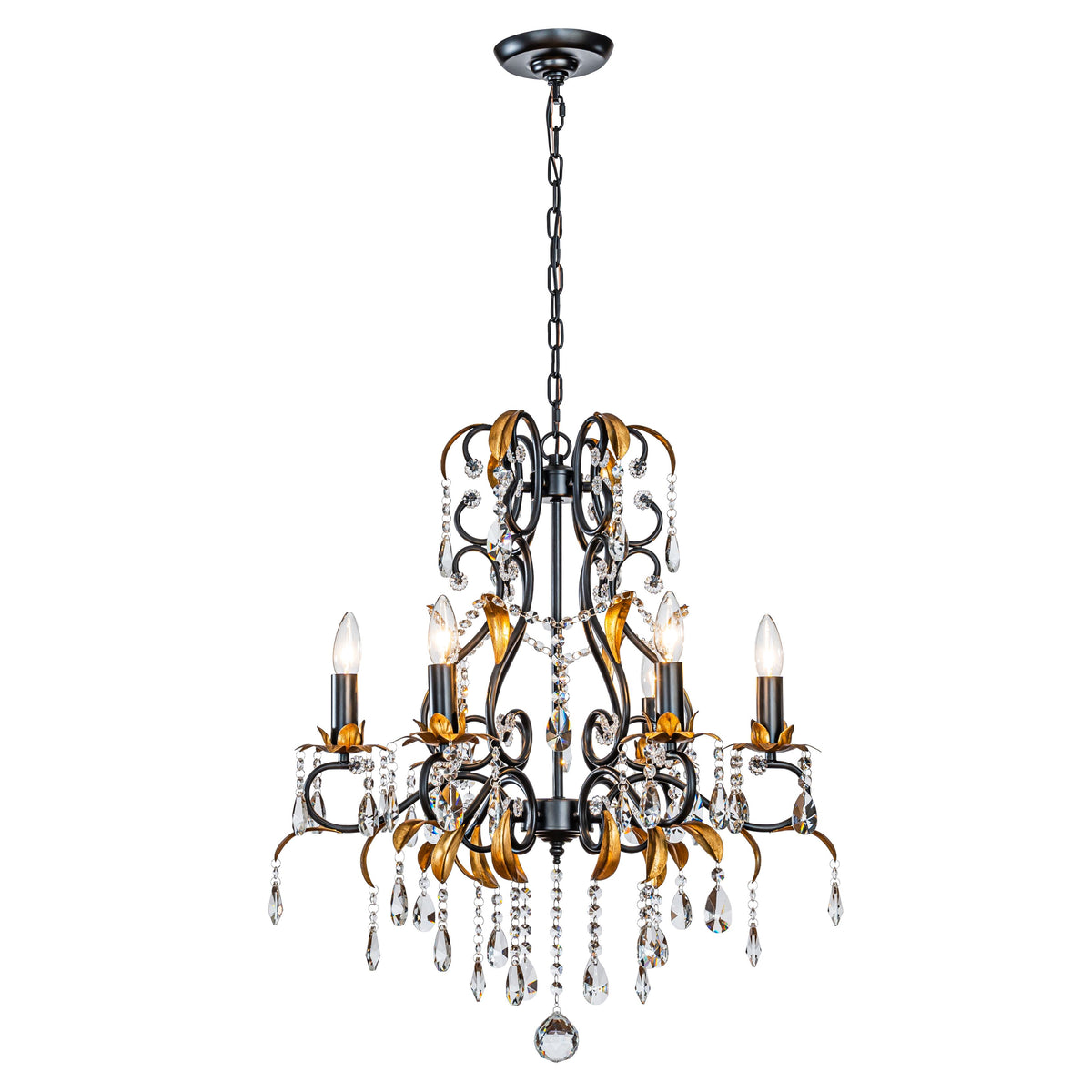 French Style Crystal Chandelier in Matte Black and Antique Gold