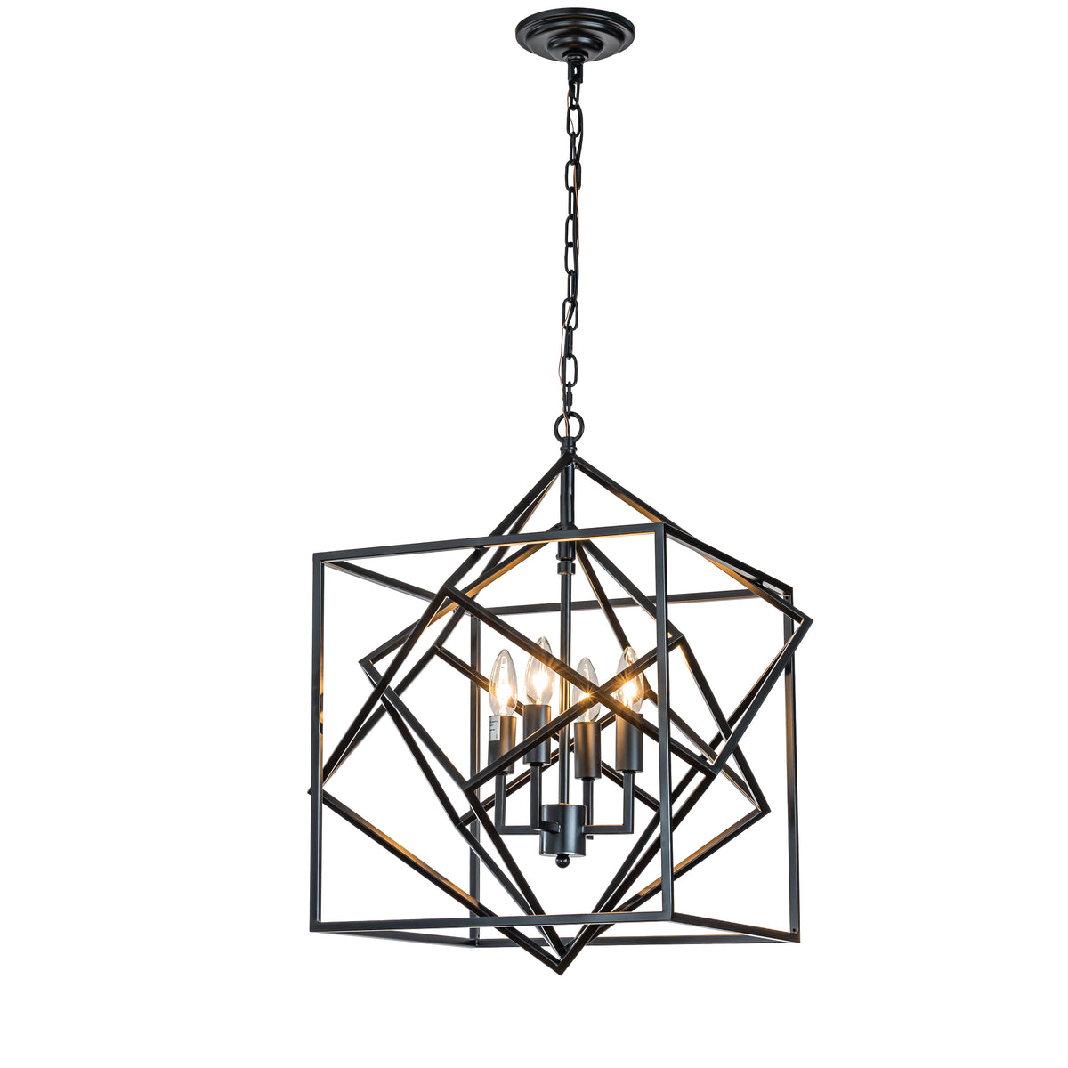 4-Light Modern Geometric Chandelier Metal Caged Ceiling Hanging Pendant in Matte Black