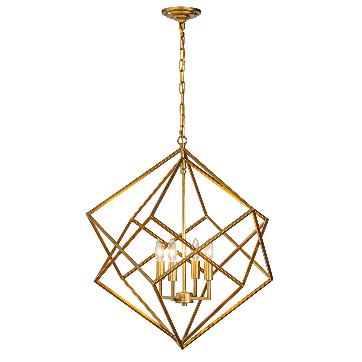 OPEN BOX-Modern Geometric Chandelier Metal Caged Ceiling Hanging Pendant in Antique Gold