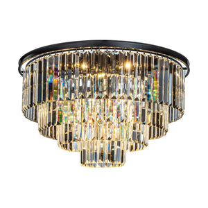 8-Lights Mid-Century Modern Matte Black 4-Tier Round Fringe Crystal Flush Mount
