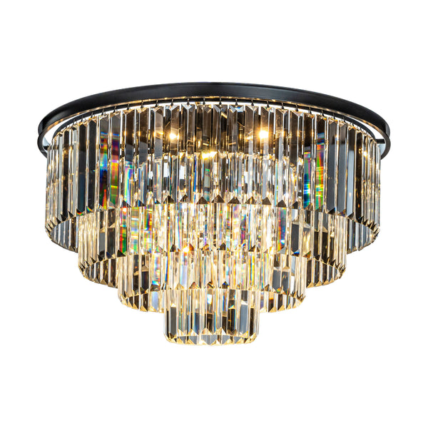 8-Lights Mid-Century Modern Matte Black 4-Tier Round Fringe Crystal Flush Mount