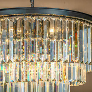 8-Lights Mid-Century Modern Matte Black 4-Tier Round Fringe Crystal Chandelier
