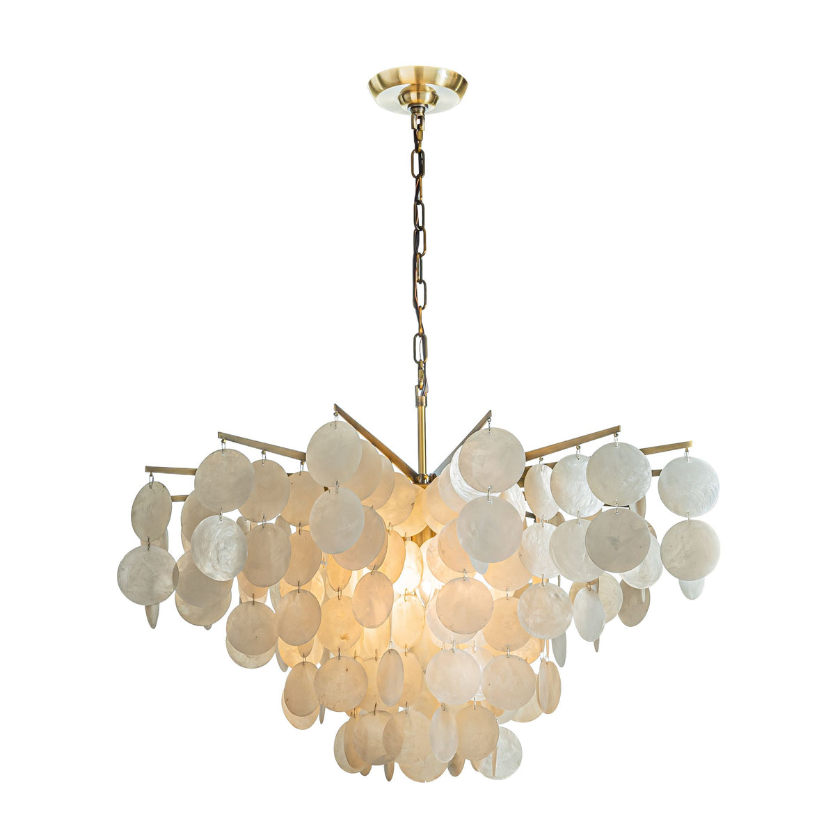 OPEN BOX-Cone Shape Coastal Capiz Shells Chandelier in Antique Gold