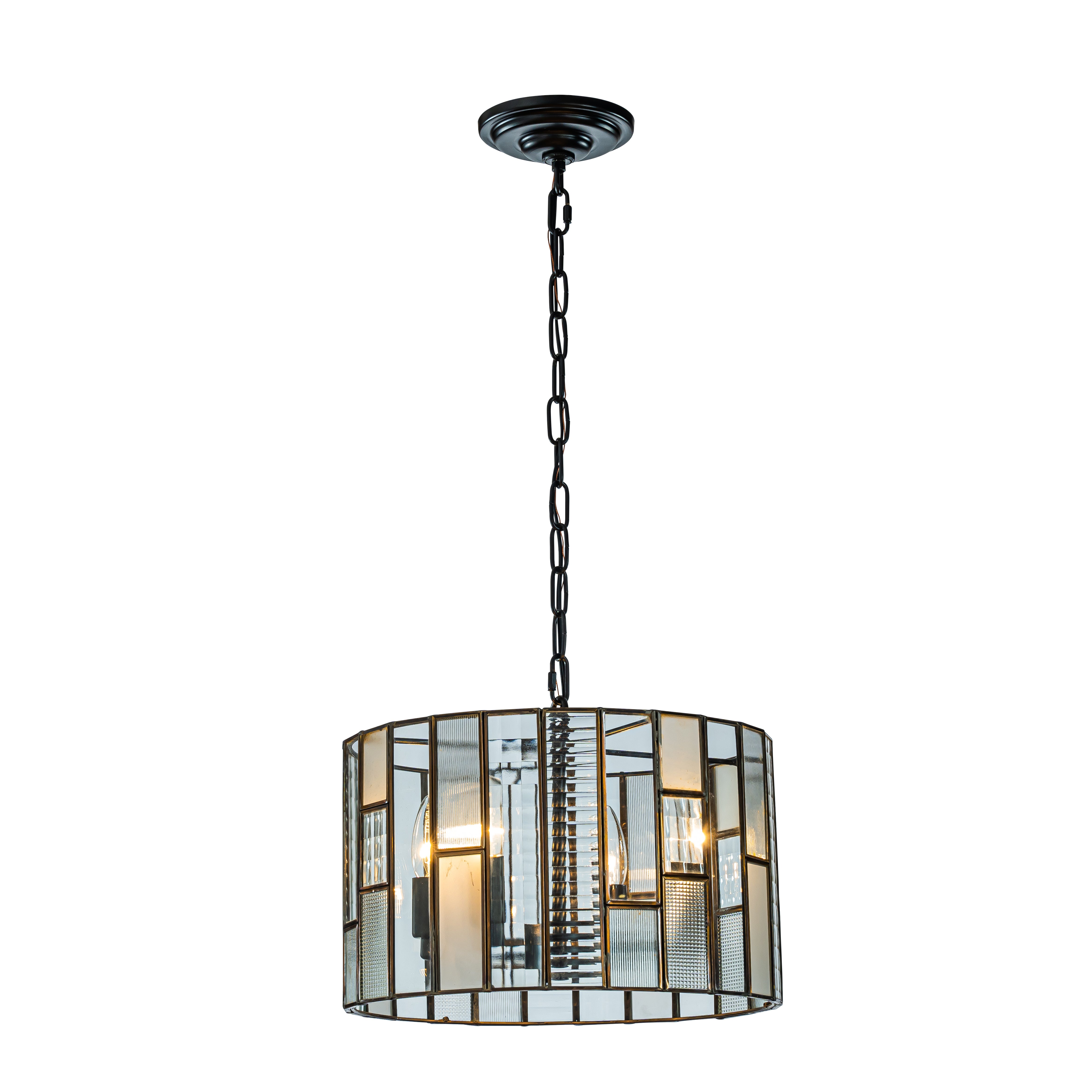 Farmhouse Glass Lantern Drum Chandelier Small Pendant Light in Matte B