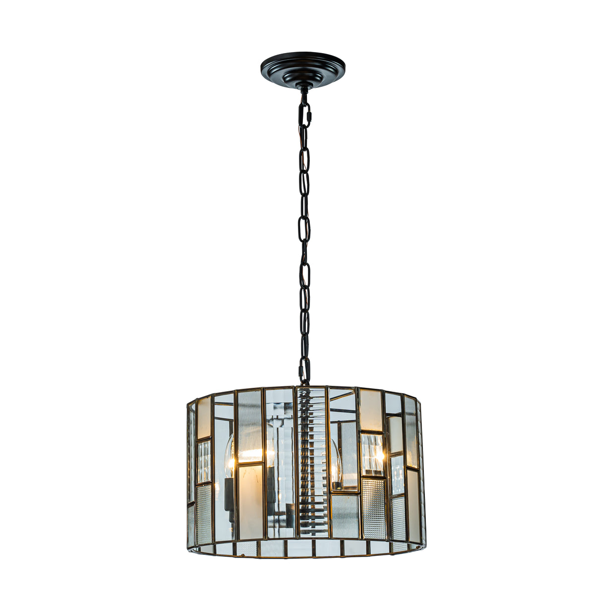 Farmhouse Glass Lantern Drum Chandelier Small Pendant Light in Matte Black