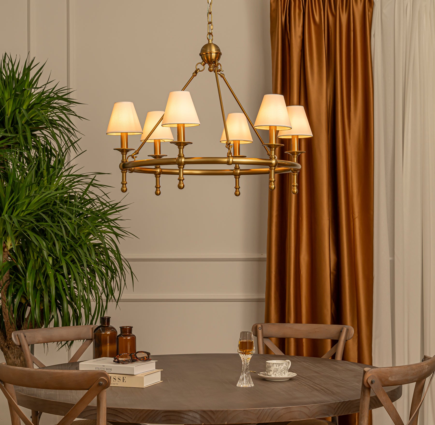 6-Light W34 in Vitage Brass Chandelier Untique Classic Lighting with White Fabric Lamp Shade