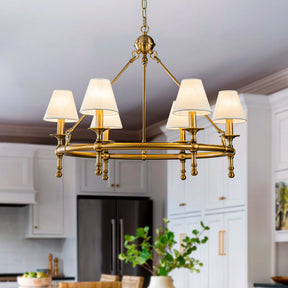 OpenBox 34" Brass Pleated Fabric Chandelier, 6-Light Mid Century Modern Dining Room Light Fixture with White Fabric Shades