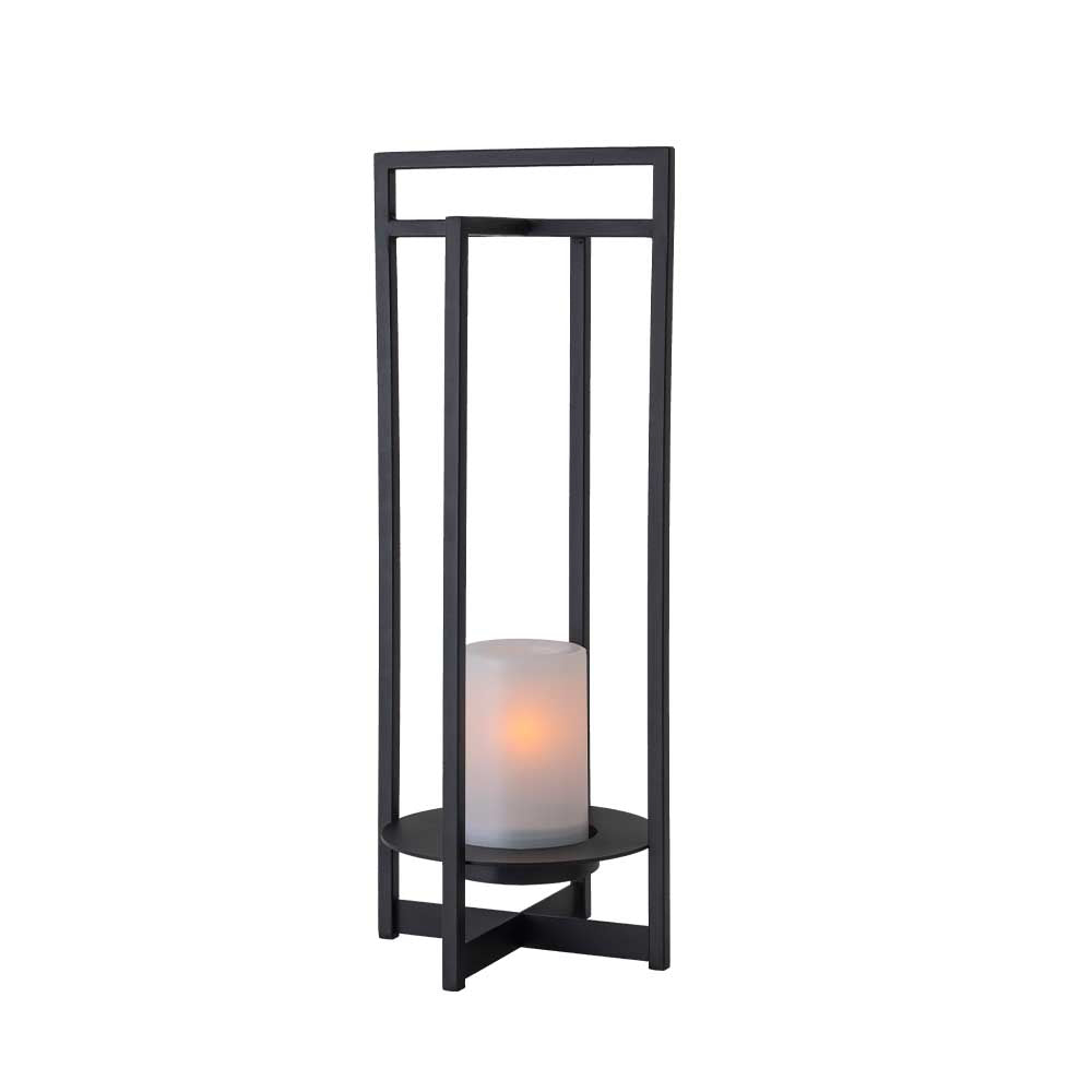 H18" Solar Outdoor Lantern with Flickering LED Candle and Automatic Dusk-to-Dawn Light Black Metal Frame
