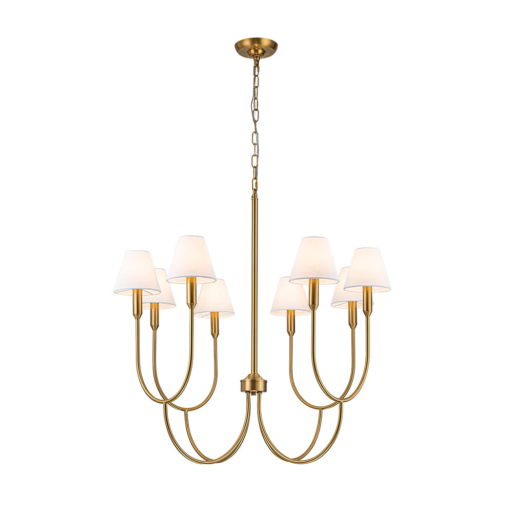 8-Light 32-Inch Mid-century Modern Satin Brass Large Chandelier with White Linen Fabric Shades For Dining Room or Foyers