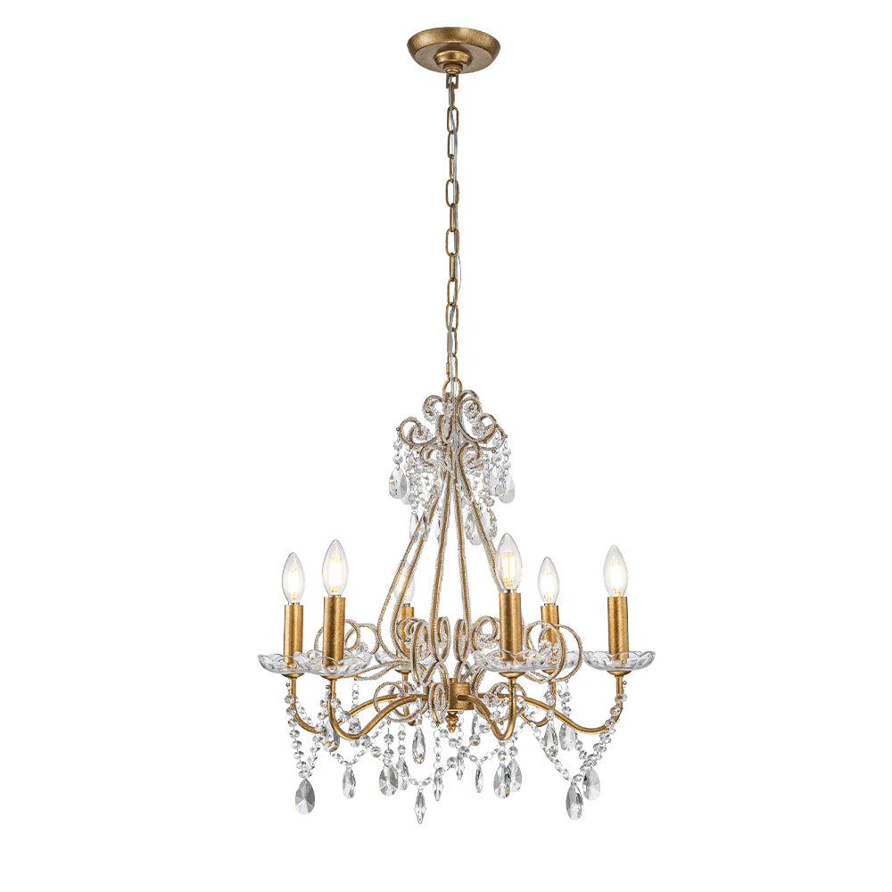6-Lights Antique Gold Classic Candlestick Chandelier 22'' Mid-century French Style Pendant Light with Crystal Teardrop Beads