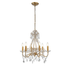 6-Lights Antique Gold Classic Candlestick Chandelier 22'' Mid-century French Style Pendant Light with Crystal Teardrop Beads
