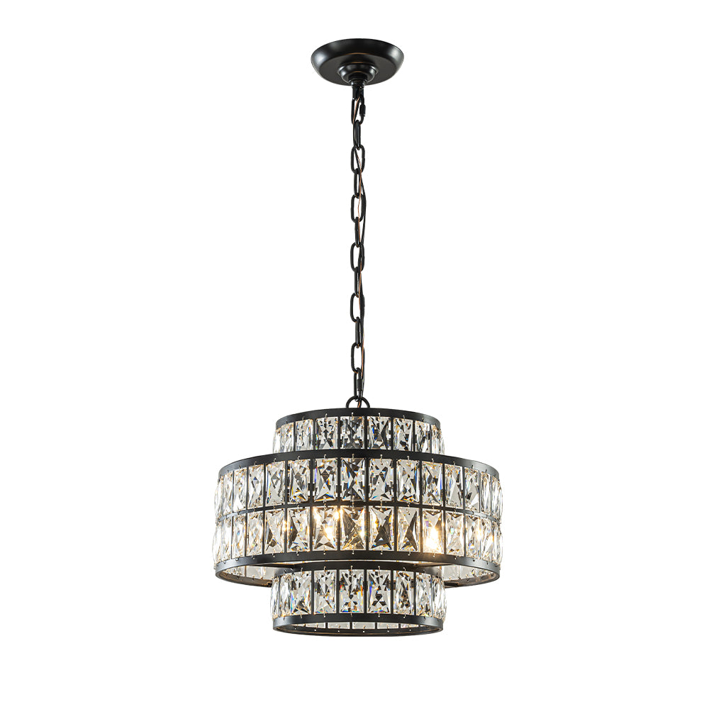 16" Modern Crystal Chandelier Matte Black Finish 4-Light Tiered Drum Pendant Light for Small Spaces Dining Room Entryway