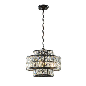 16" Modern Crystal Chandelier Matte Black Finish 4-Light Tiered Drum Pendant Light for Small Spaces Dining Room Entryway