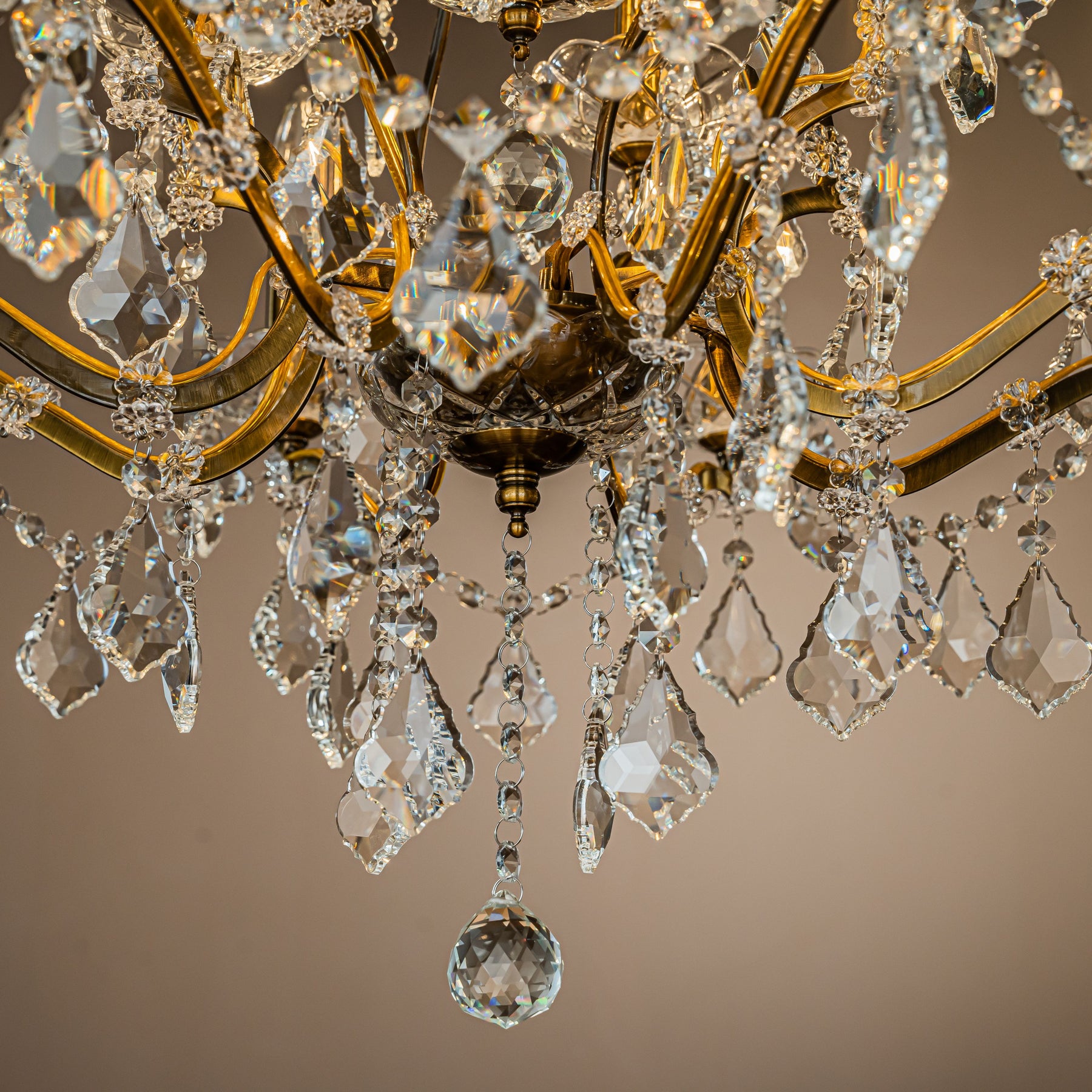 Two-Tiered French Antique Gold Crystal Chandelier
