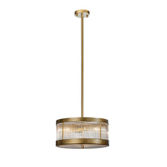 3-Light Mid-Century Modern Drum Chandlier in antique gold with Ribbed Glass Cylinder Shade