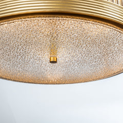 3-Light Mid-Century Modern Drum Chandlier in antique gold with Ribbed Glass Cylinder Shade