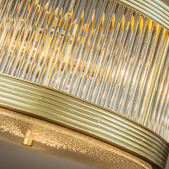 3-Light Mid-Century Modern Drum Chandlier in antique gold with Ribbed Glass Cylinder Shade