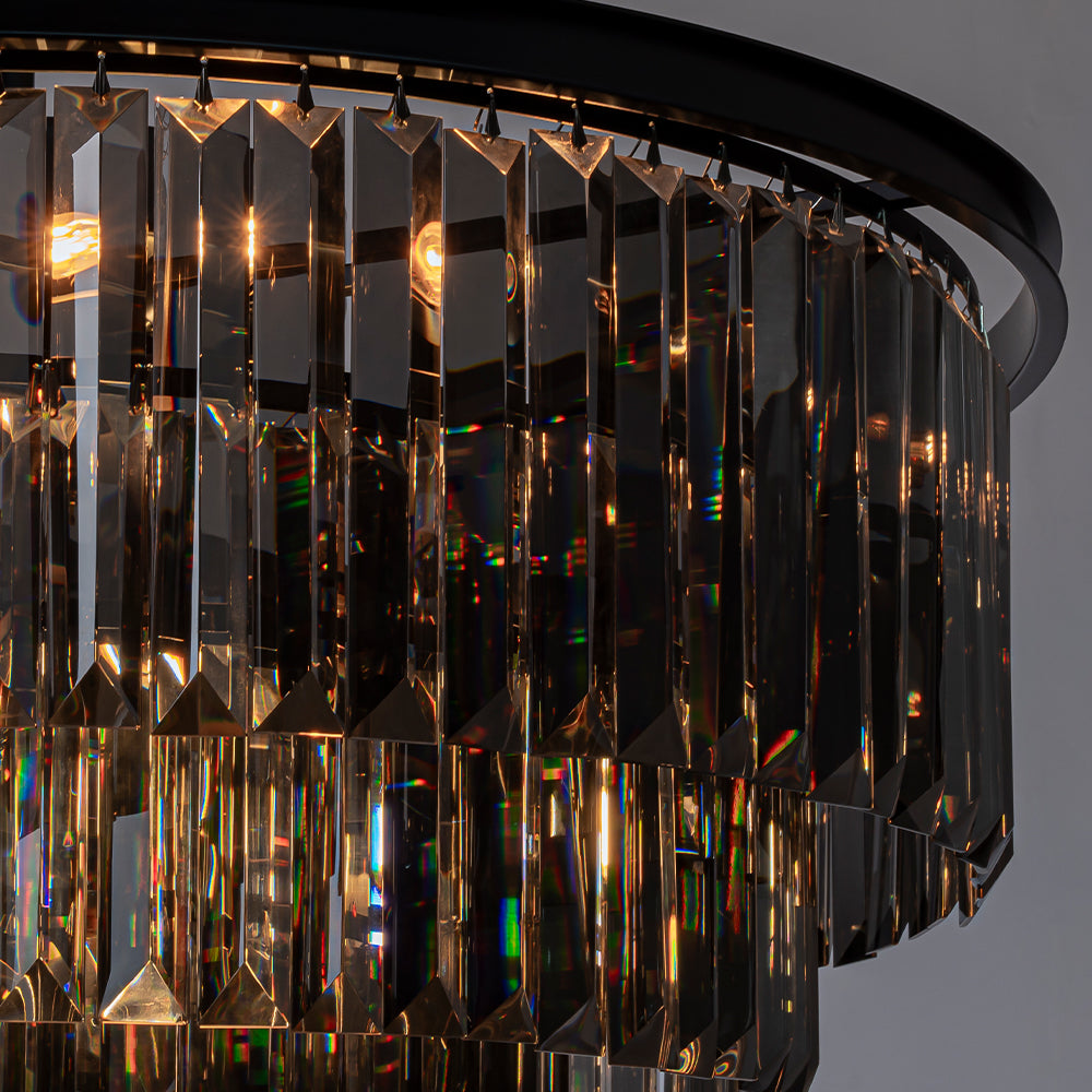 10-Lights 32'' Modern Matte Black 4-Tier Round Fringe Flush Mount Glam Ceiling Light with Smoke Crystal Accent For Dining Room of Foyer