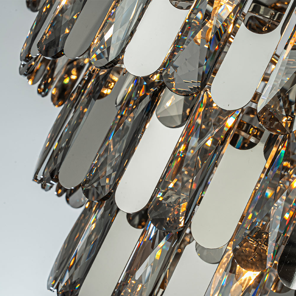 6-Light Dimmable 5-Tier Smoked Crystal Flush Mount Ceiling Light 22" Low Profile Fixture with Polished Nickel Finish and Stainless Steel Accents for Bedroom, Dining Room