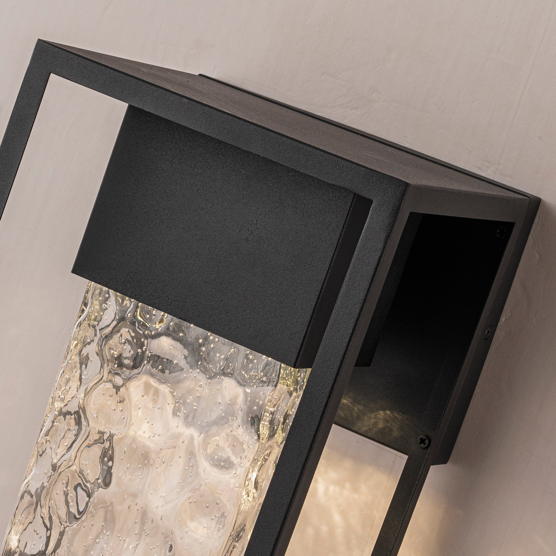 H19" Modern Large Matte Black 10W Integrated LED Wall Sconce with Open Frame and Seeded Glass for Porch Garage Entryway Exterior Lighting