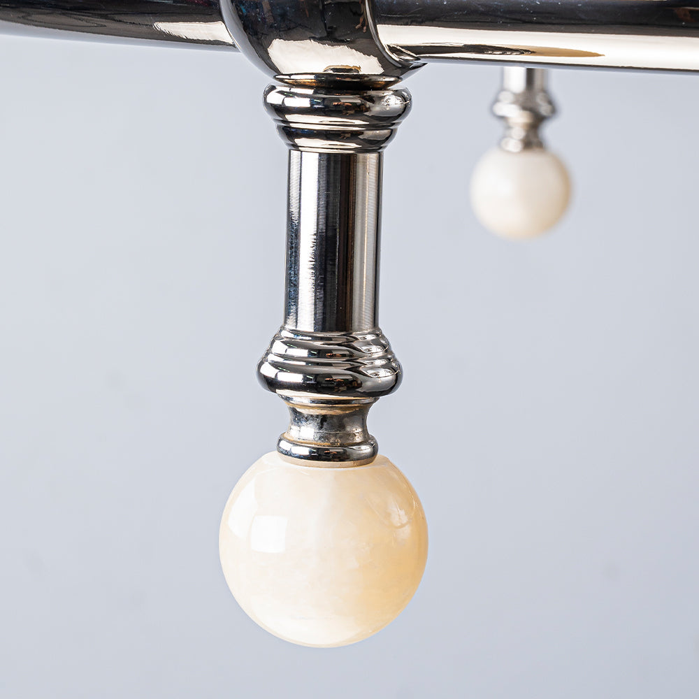 34'' Polished Nickel 6-Light Unique Statement Chandelier Transision Pendant Lighting with White Fabric Shades and Alabaster Finials for Dining Room Kitchen Island