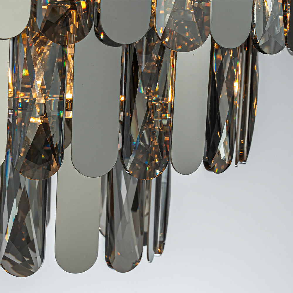 4-Light Dimmable 3-Tier Smoked Crystal Flush Mount Ceiling Light 14" Round Low Profile Chandelier with Polished Nickel Finish and Stainless Steel Accents for Dining Room, Entryway