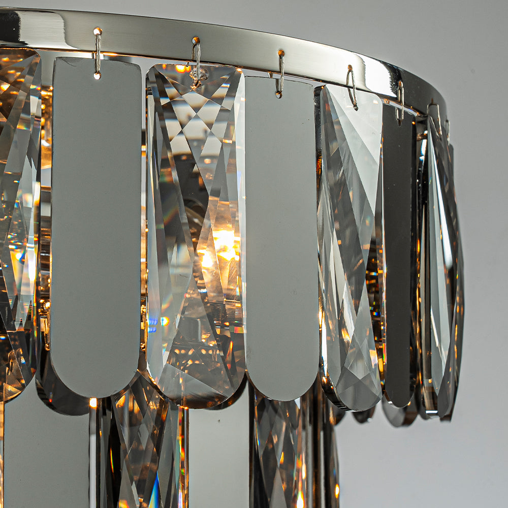 4-Light Dimmable 3-Tier Smoked Crystal Flush Mount Ceiling Light 14" Round Low Profile Chandelier with Polished Nickel Finish and Stainless Steel Accents for Dining Room, Entryway