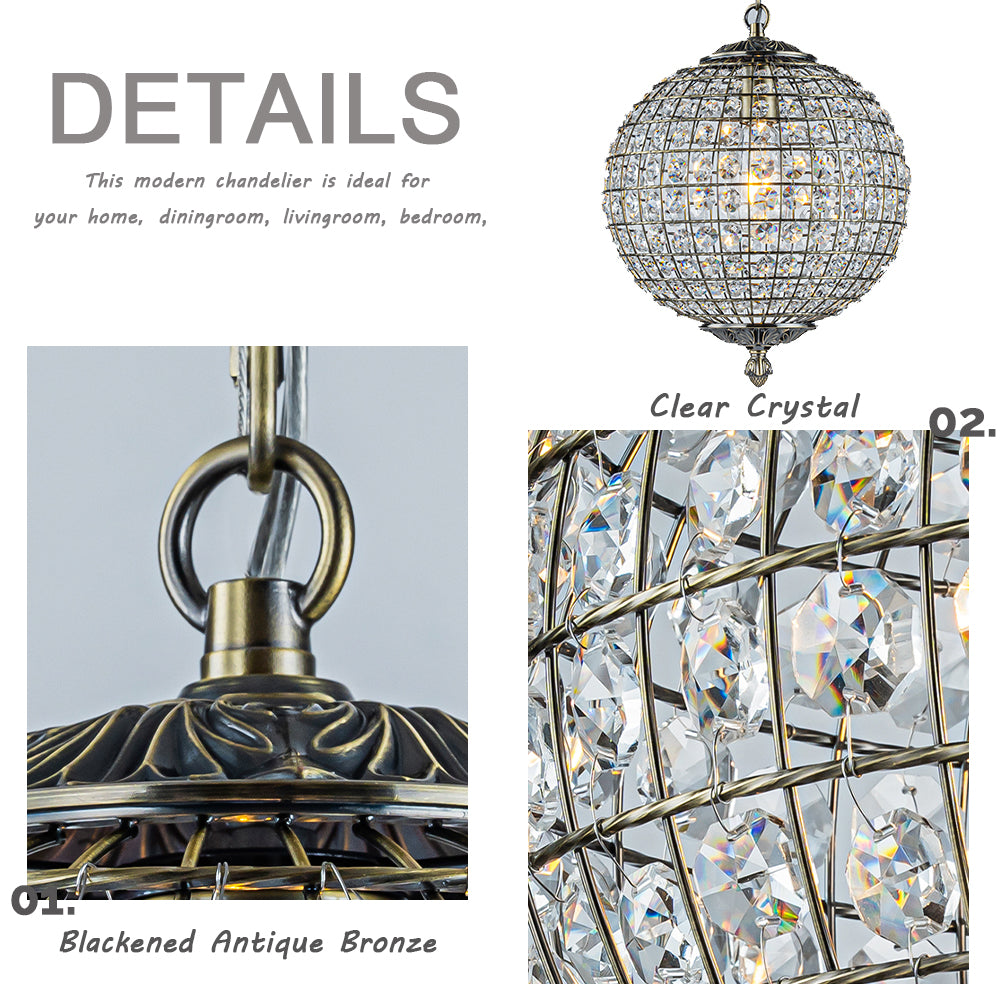 OpenBox 1-Light 12" Retro Antique Gold Crystal Globe Chandelier With Crystal Accents
