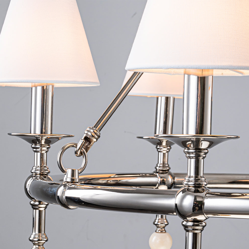 34'' Polished Nickel 6-Light Unique Statement Chandelier Transision Pendant Lighting with White Fabric Shades and Alabaster Finials for Dining Room Kitchen Island