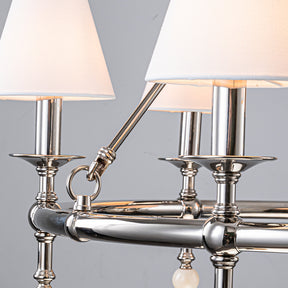 34'' Polished Nickel 6-Light Unique Statement Chandelier Transision Pendant Lighting with White Fabric Shades and Alabaster Finials for Dining Room Kitchen Island