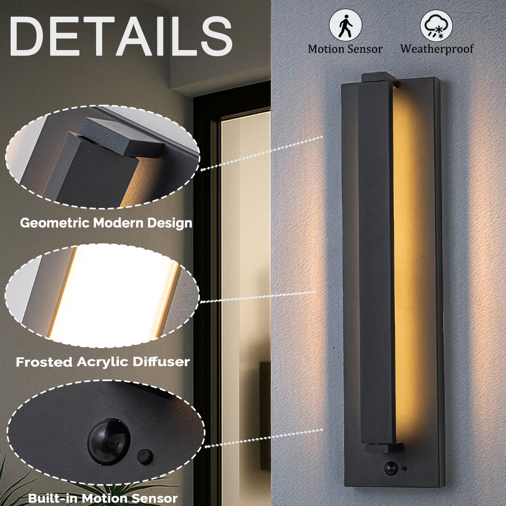 H15" Modern Motion Sensor Outdoor Wall Light 23W Integrated LED Wall Sconce Matte Black Iron Exterior Light Fixture for Porch Garage Patio