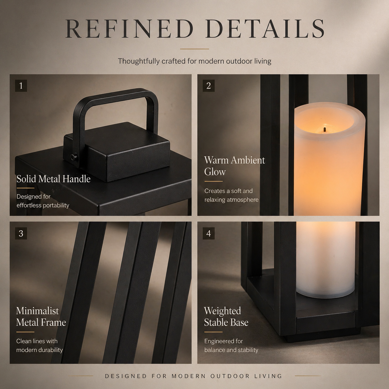 1 Light H16" Modern Matte Black Solar Lantern with Candle Shape Outdoor Light Decorative Portable Hanging LED Lights for Patio Camping